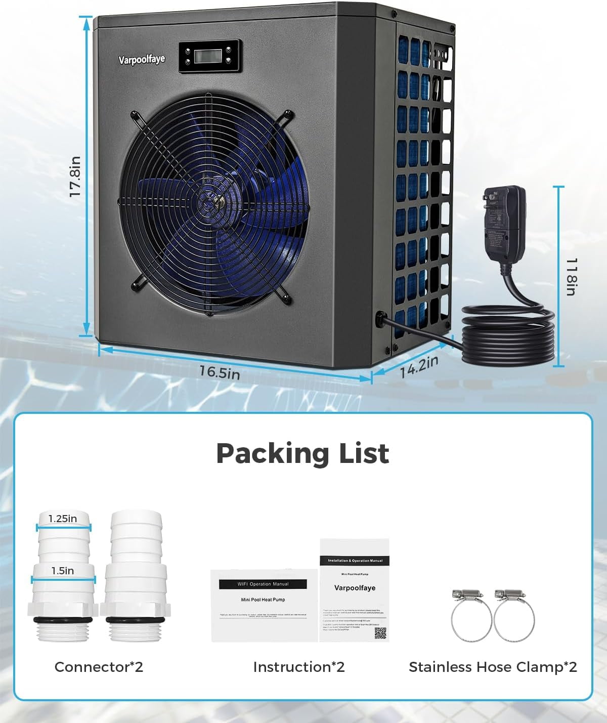 16000 BTU Electric Pool Heater for Above Ground Pool Swimming Pool Heat Pump 5000 Gallon Pool Heater 120V Heating Cooling WiFi Control 60Hz Spa