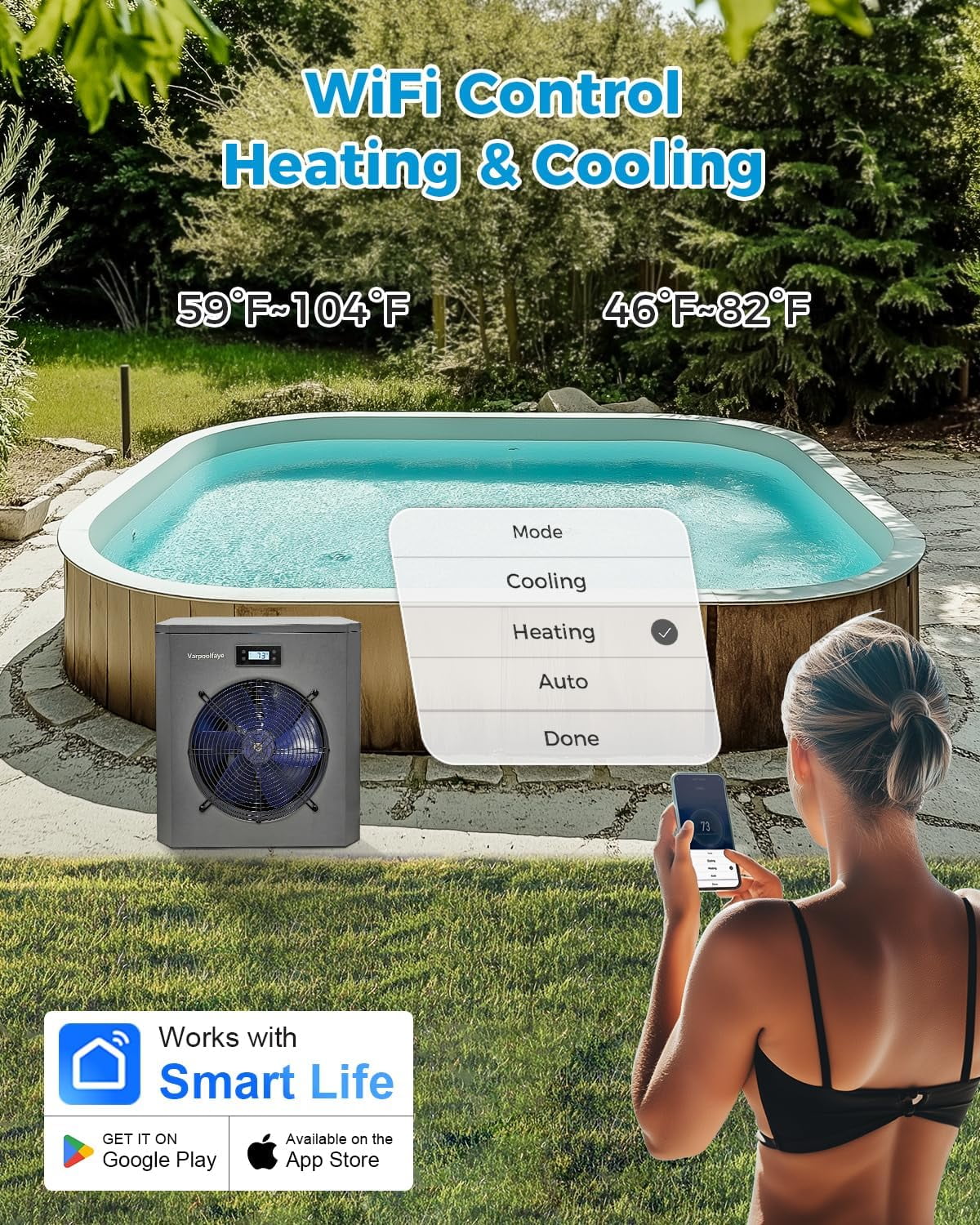16000 BTU Electric Pool Heater for Above Ground Pool Swimming Pool Heat Pump 5000 Gallon Pool Heater 120V Heating Cooling WiFi Control 60Hz Spa