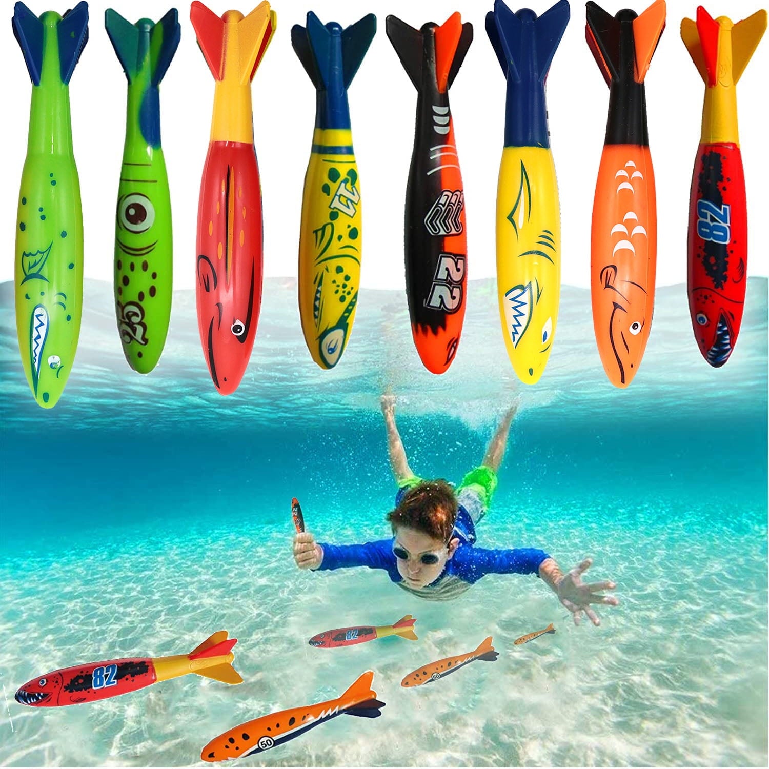 8Pc 5" Underwater Diving Torpedo Sharkpedo, Pool Dive Throw Toypedo Sharks Glides Up to 20 Feet Fun Water Games for 5Y+ Boys and Girls (Style K)
