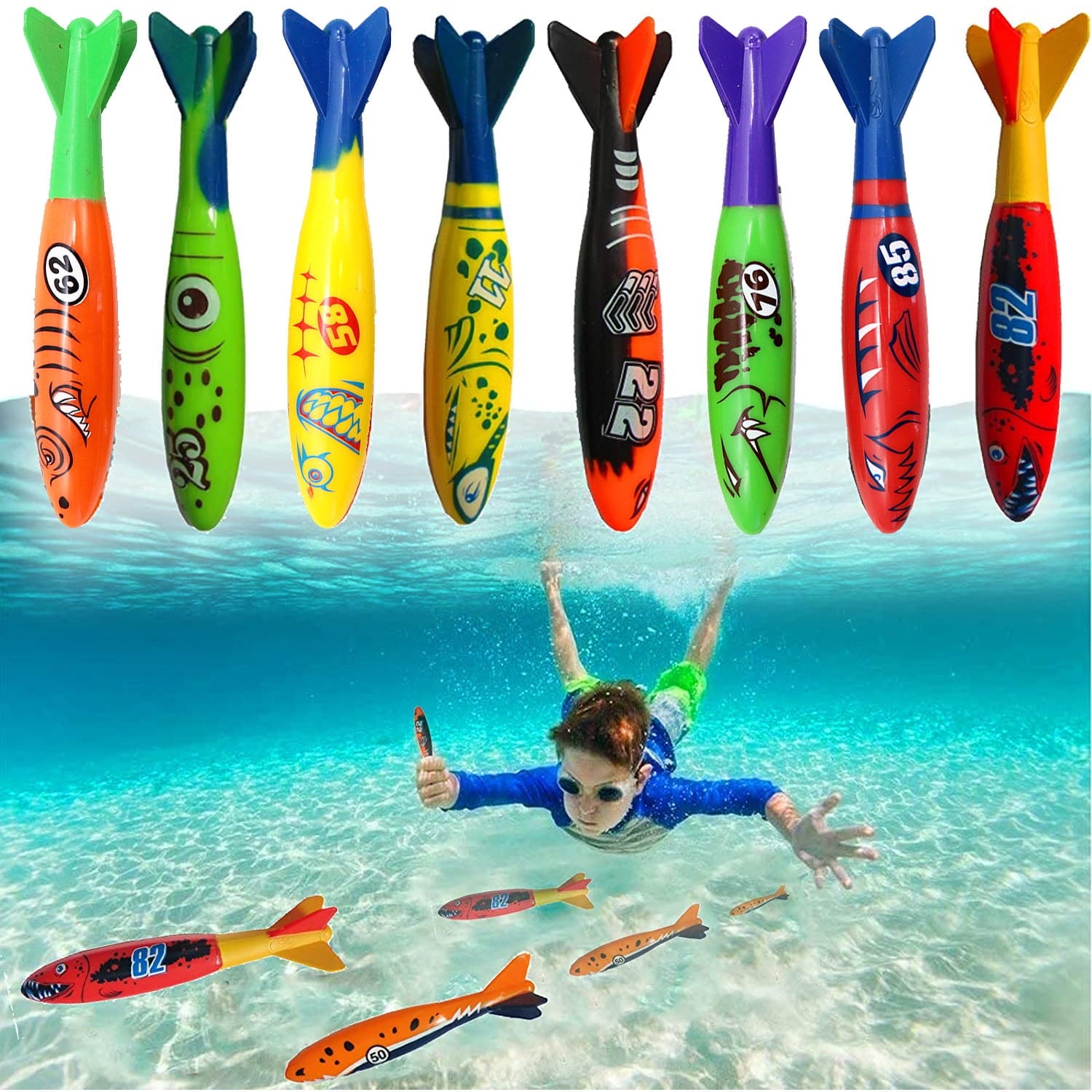 6Pc 5" Underwater Diving Torpedo Clear Shark, Pool Dive Throw Toy Sharks Glides Up to 20 Feet Fun Water Games for 5Y+ Boys and Girls