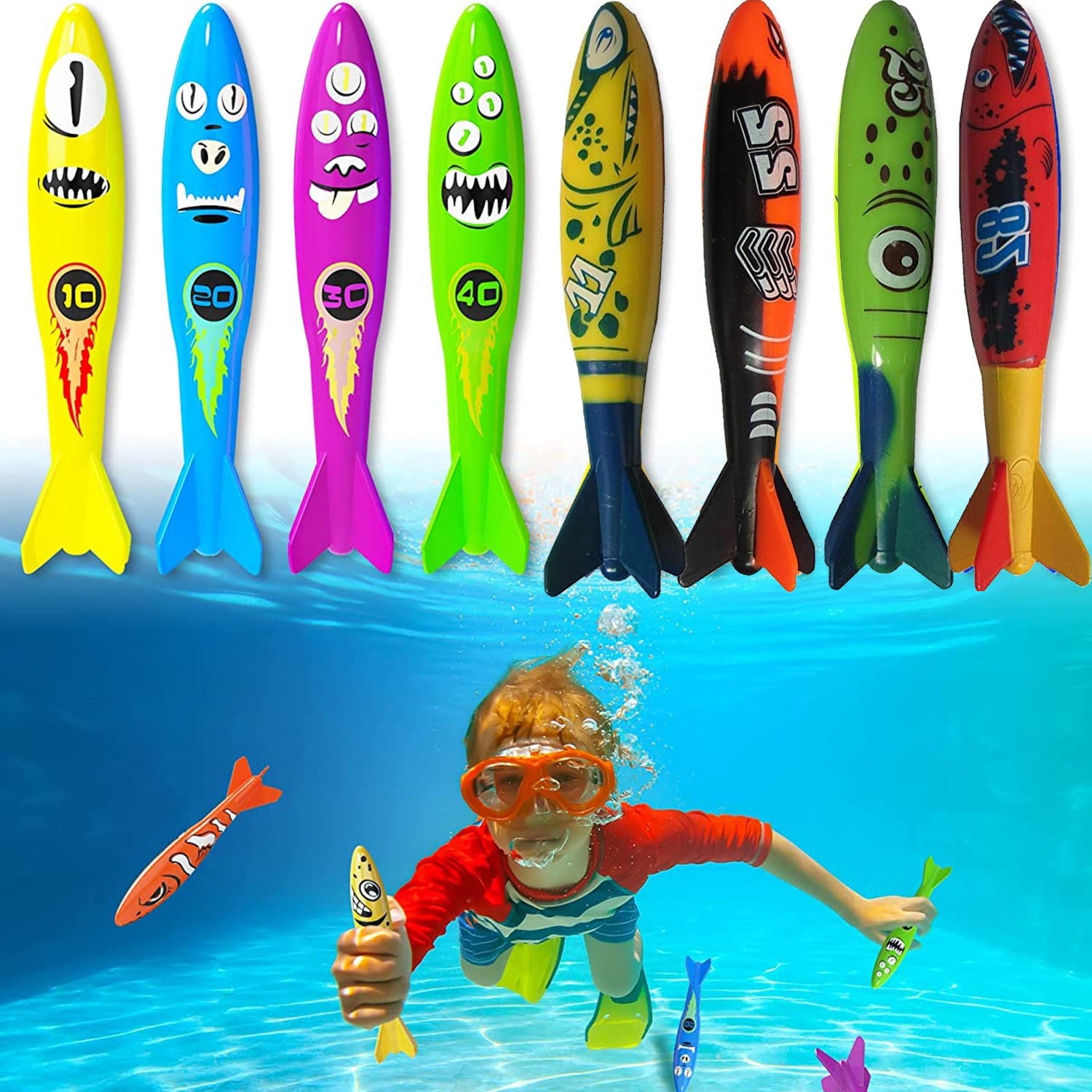 8Pc 5" Underwater Diving Torpedo Bandits, Pool Dive Throw Toypedo Sharks Glides Up to 20 Feet Fun Water Games for 5Y+ Boys and Girls (Style F)
