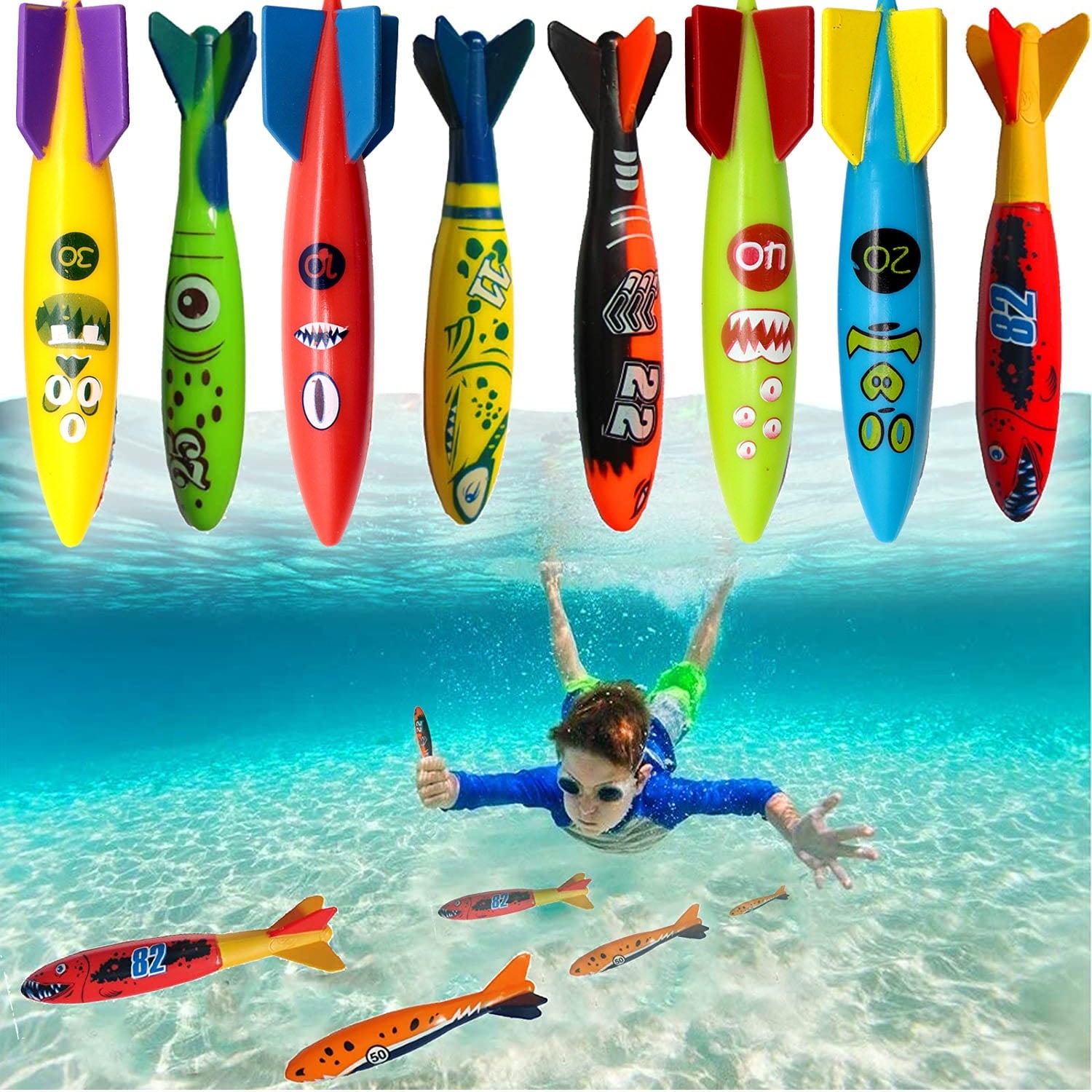 8Pc 5" Underwater Diving Torpedo Sharkpedo, Pool Dive Throw Toypedo Sharks Glides Up to 20 Feet Fun Water Games for 5Y+ Boys and Girls (Style K)