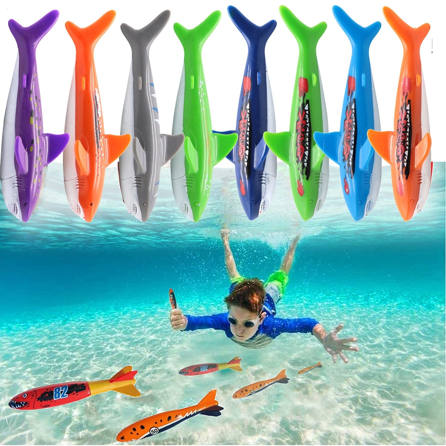 8Pc 5" Underwater Diving Torpedo Sharkpedo, Pool Dive Throw Toypedo Sharks Glides Up to 20 Feet Fun Water Games for 5Y+ Boys and Girls (Style K)